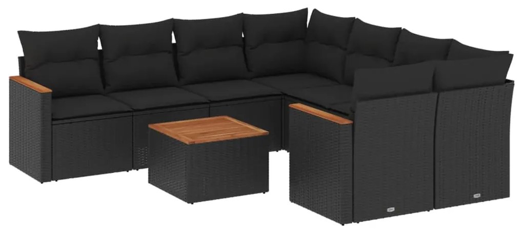 Set divani da giardino 9 pz con cuscini nero in polyrattan