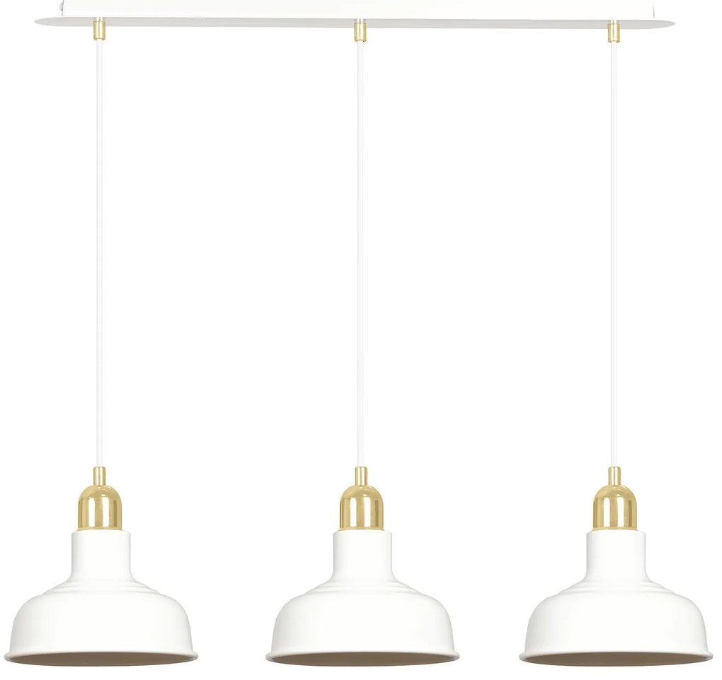 Lampadario Industrial 3 Luci Kubera In Acciaio Bianco Con Elementi In Oro