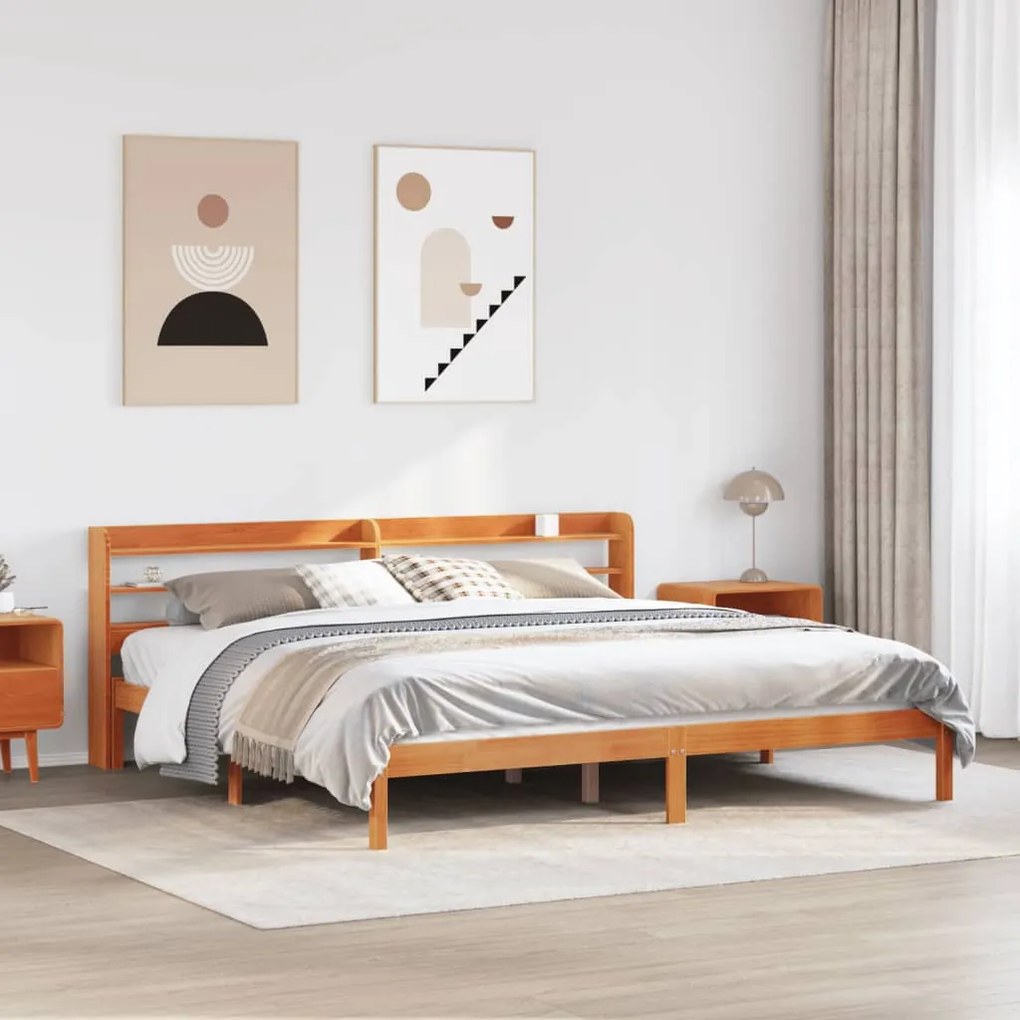 Giroletto Con Testiera Marrone Cera 200x200 Cm Massello Pino /