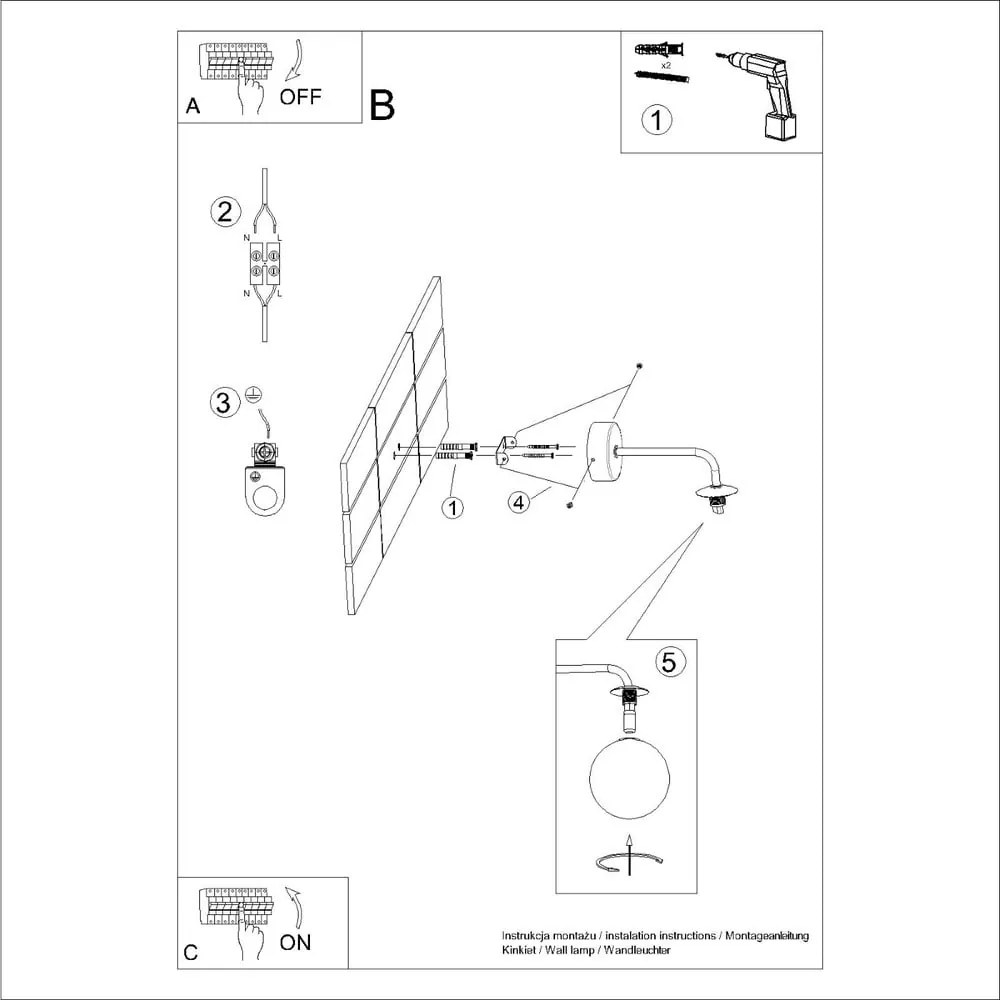 Lampada da parete bianca e nera Beam – Sollux
