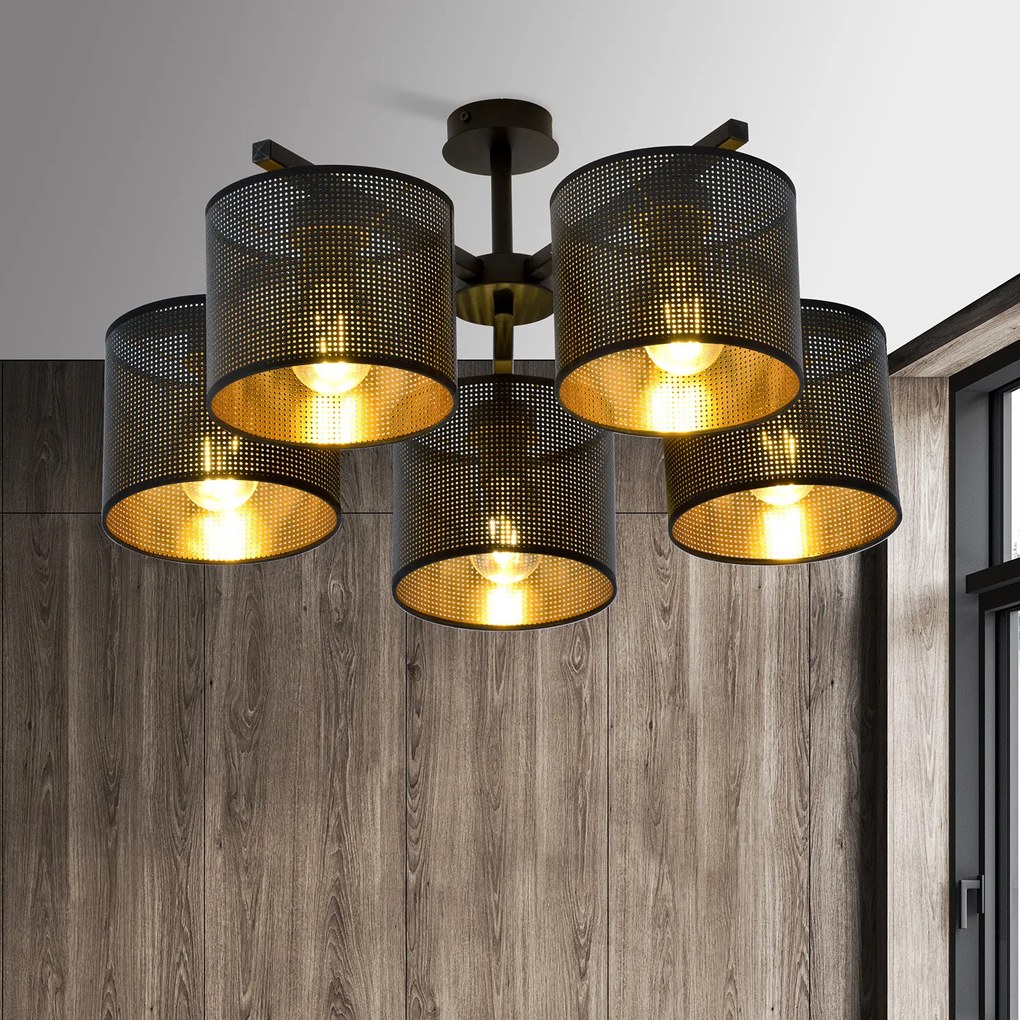 Plafoniera Industrial 5 Luci Cigno In Acciaio Nero E Paralumi A Cilindro Oro
