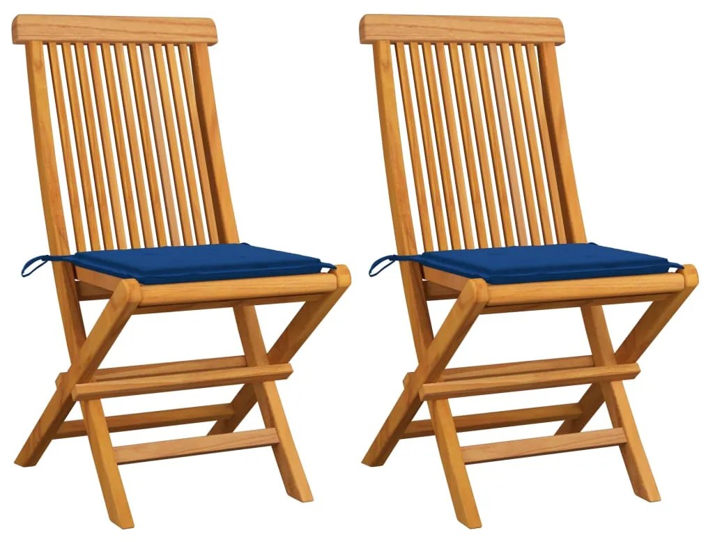 Sedie da giardino con cuscini blu reale 2 pz massello di teak