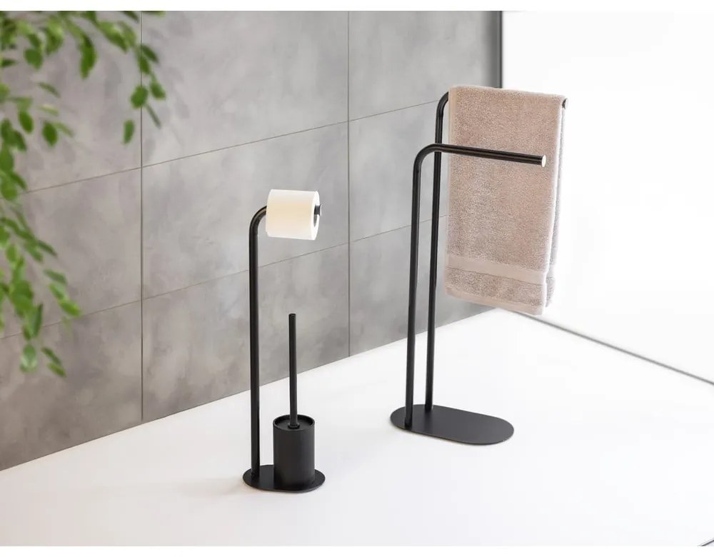 Porta carta igienica nero in acciaio con supporto con spazzola Levante – Wenko