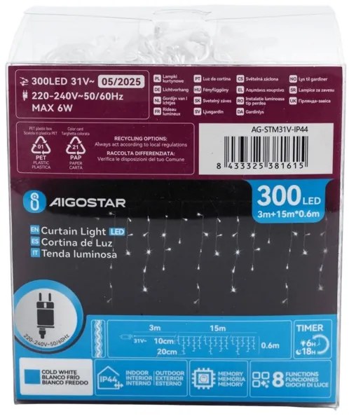 Aigostar - Catena luminosa LED decorativa per esterni 300xLED/6W/230V 15x0,6m IP44 bianco freddo