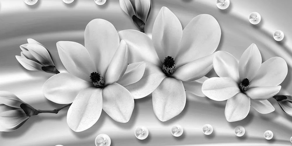 Stampa su tela – Magnolia di lusso con perle in bianco e nero