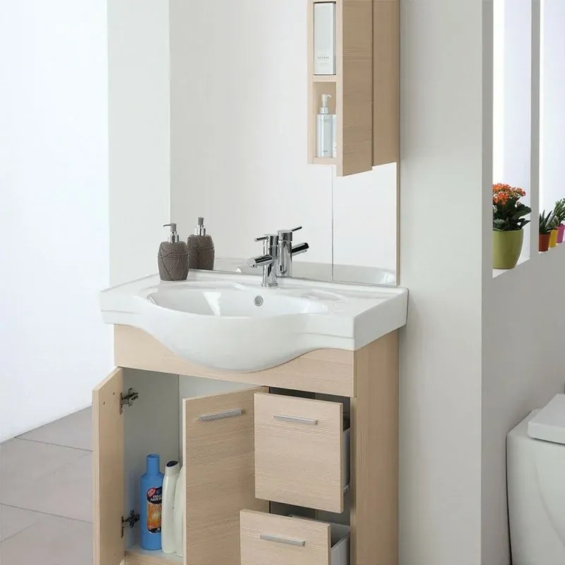Mobile bagno a terra 85 cm larice con pensile su specchio LED Desya