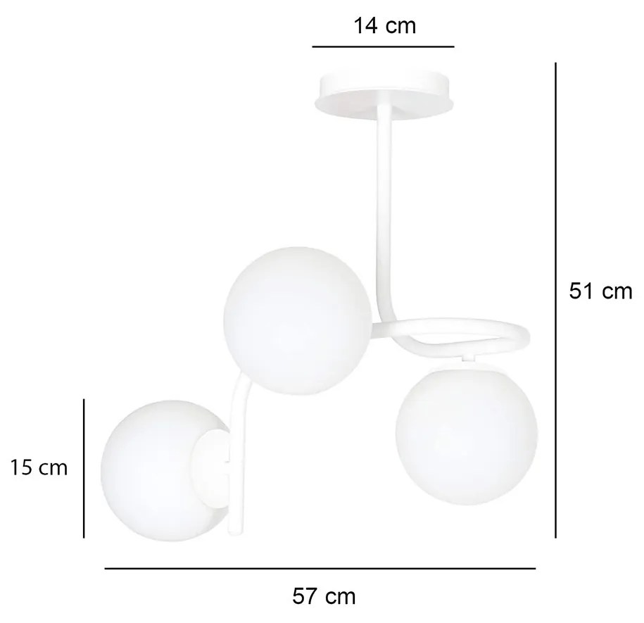Lampadario 3 Luci Rama In Acciaio Bianco A Bracci E Sfere In Vetro Opalino