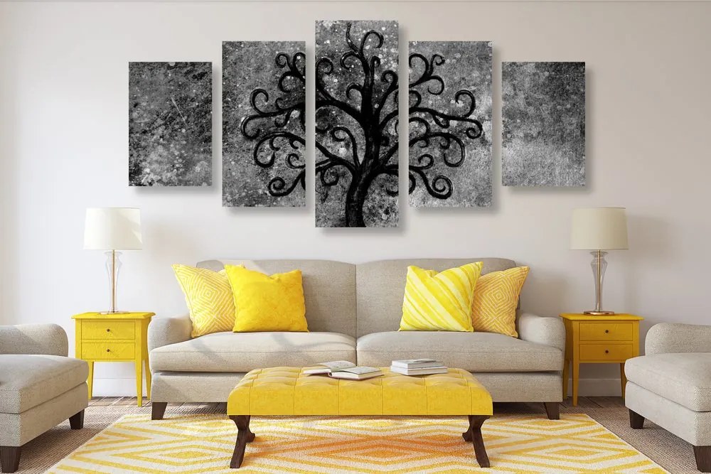 Quadri 5 pezzi – Albero della vita in bianco e nero