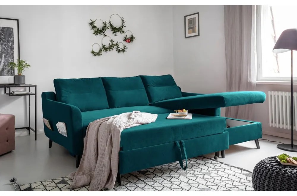 Divano letto angolare in velluto turchese, angolo destro Stylish Stan - Miuform