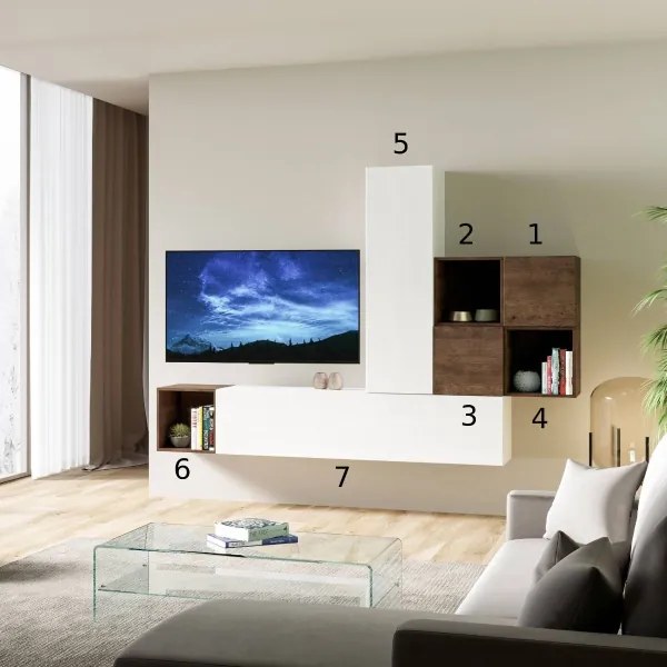 Parete soggiorno A48 L.254 H.174 P.39,5 Bianco e Noce