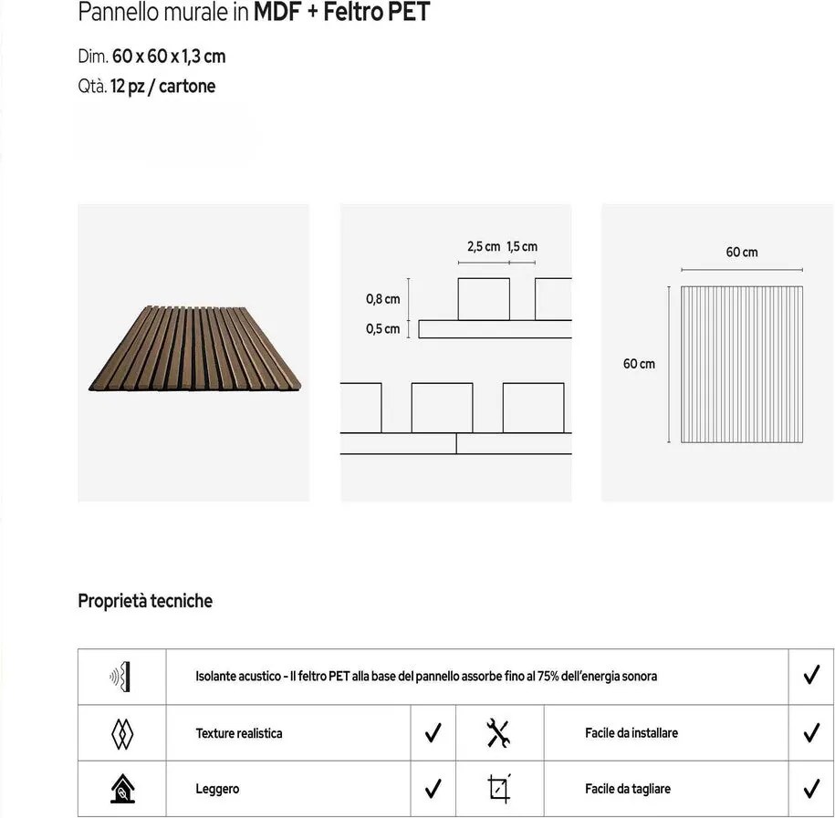Set 12 Pannelli Decorativi 60x60 cm Motivo a Doghe in MDF e Feltro PET Rivestimento Murale Fonoassorbente Rovere...