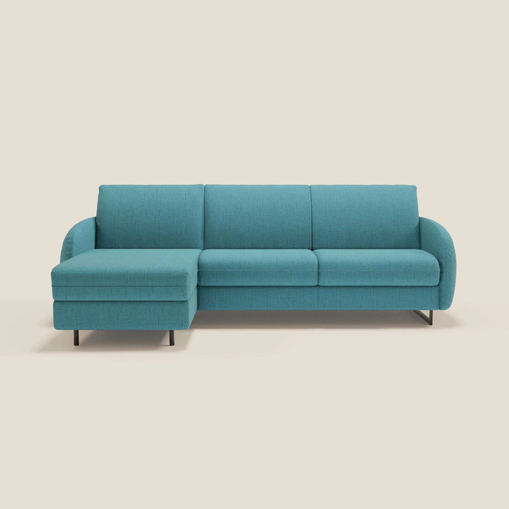 Ninfea Divano Letto Angolare con Penisola Contenitore e Materasso H18 cm - piedini in metallo e Tessuto impermeabile T03 azzurro