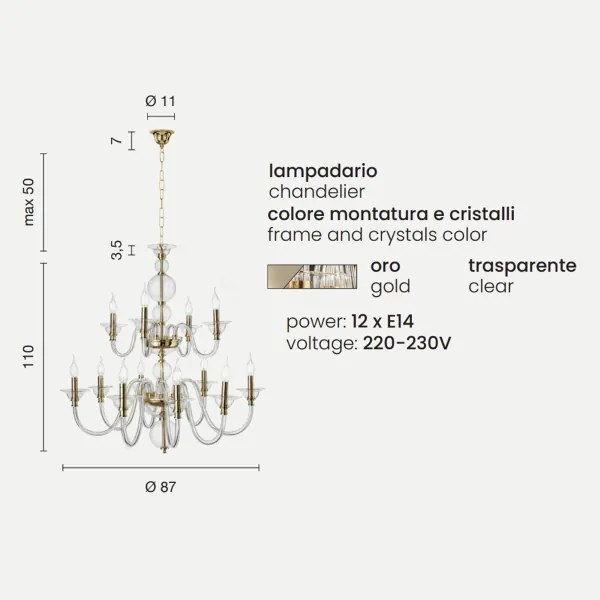 Lampada a sospensione D87 cm TEBE a 12 luci in vetro lavorato a mano ORO