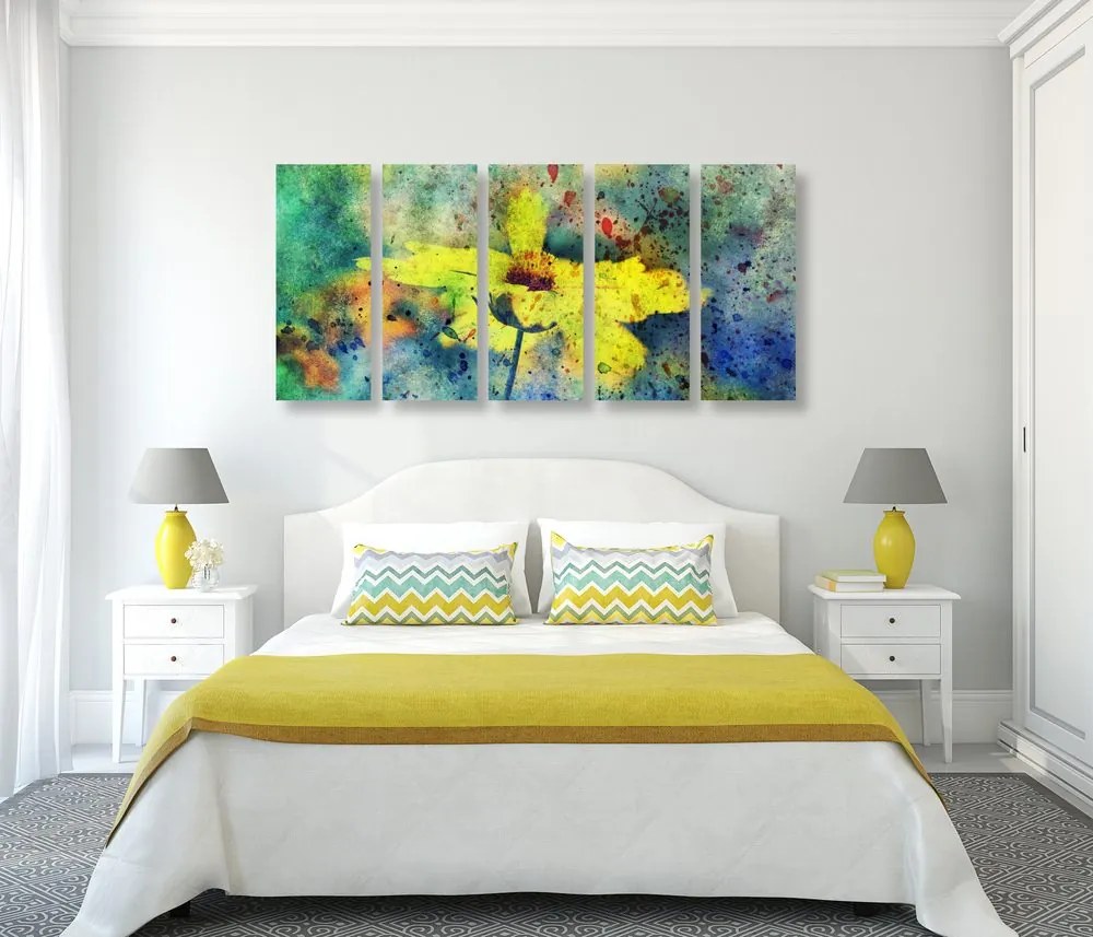 Quadri 5 pezzi – Fiore giallo con tocco vintage
