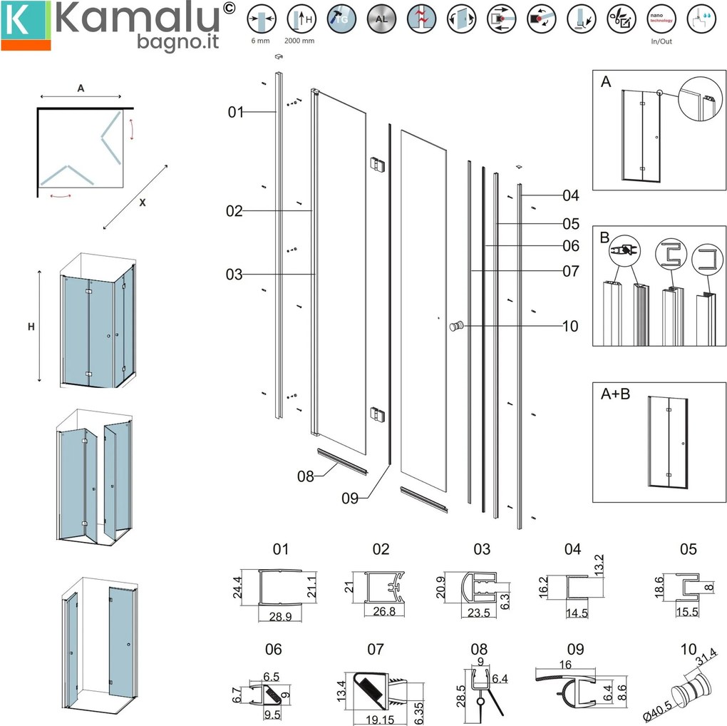 Box doccia 70x70 cm doppia apertura a libro colore nero | KS7000N - KAMALU