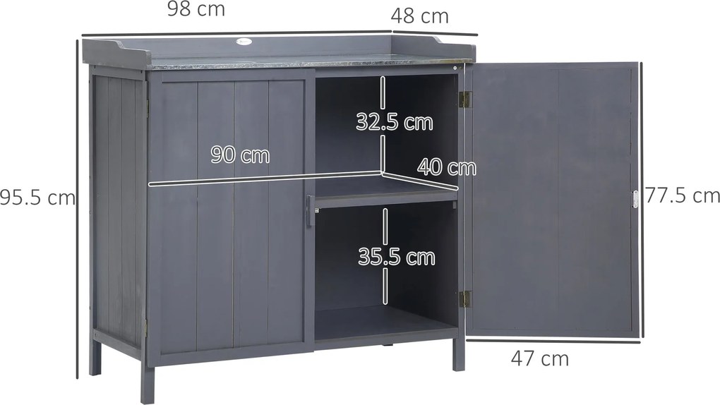 Armadio da Esterno 2 Ante 98x48x95,5 cm in Legno con Piano in Metallo Grigio...