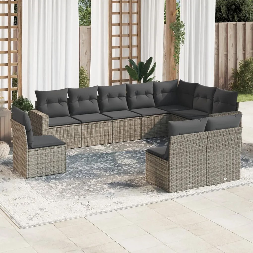 Set Divano da Giardino 10 pz con Cuscini Grigio in Polyrattan