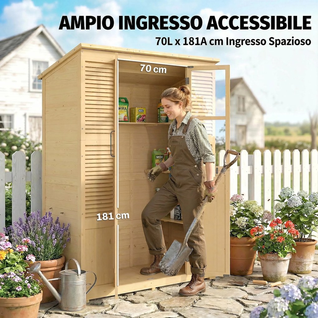 Armadio da Giardino Walk-in 147x68x198 cm con Pavimento e 4 Finestre in Legno di Abete...