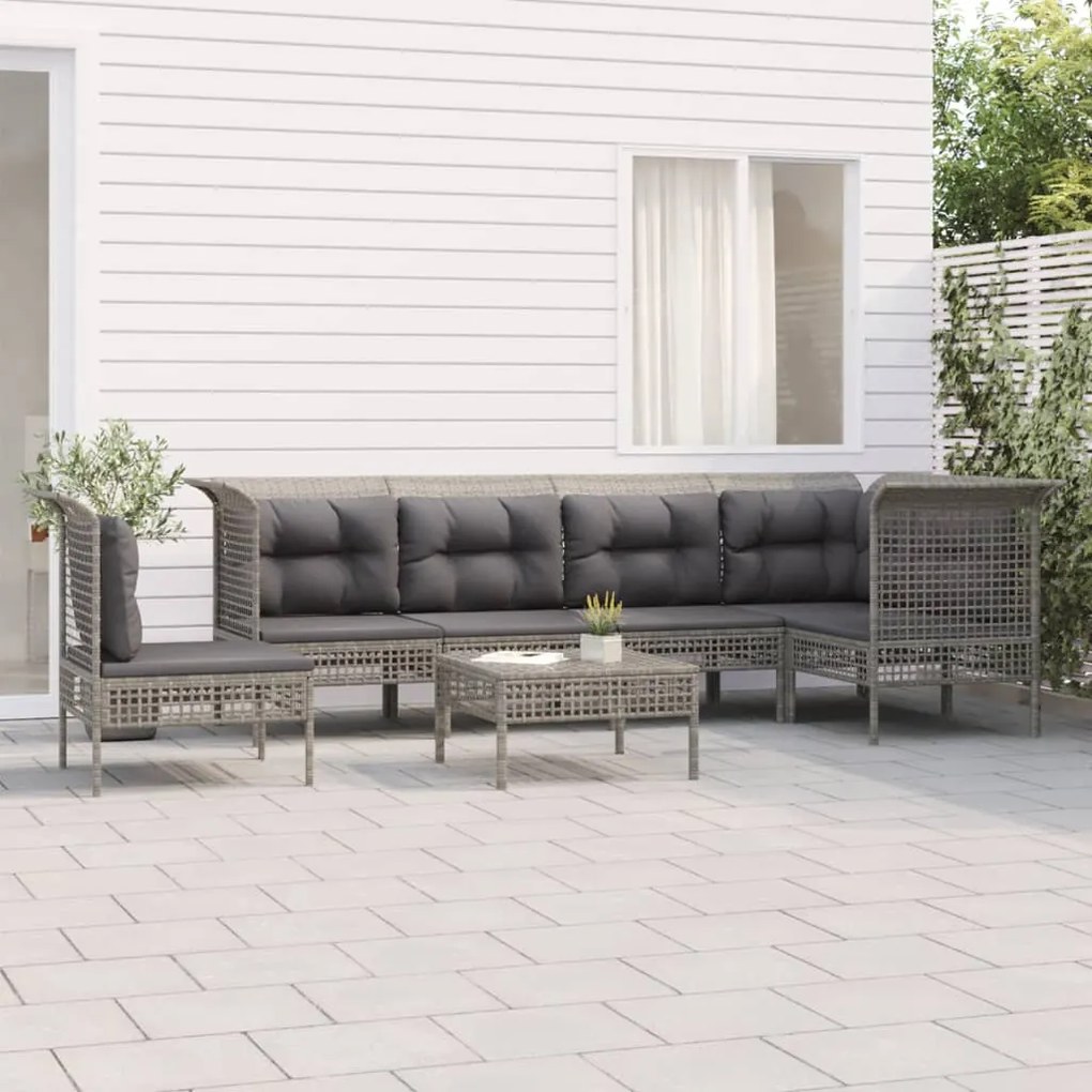 Set Divani da Giardino 7 pz con Cuscini in Polyrattan Grigio