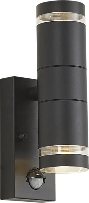Lampada da parete moderna da esterno nera a 2 luci IP44 con sensore di movimento - Dubbla