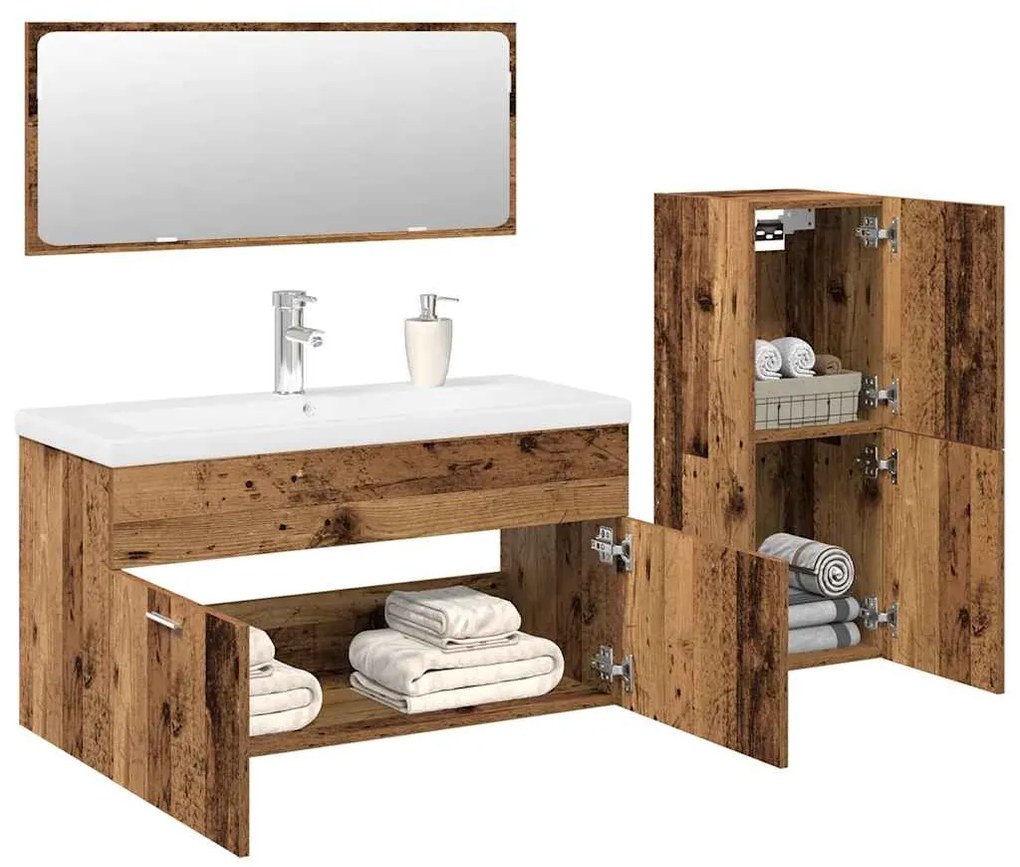 Set Mobili Da Bagno 4 Pz Legno Antico İn Legno Multistrato /