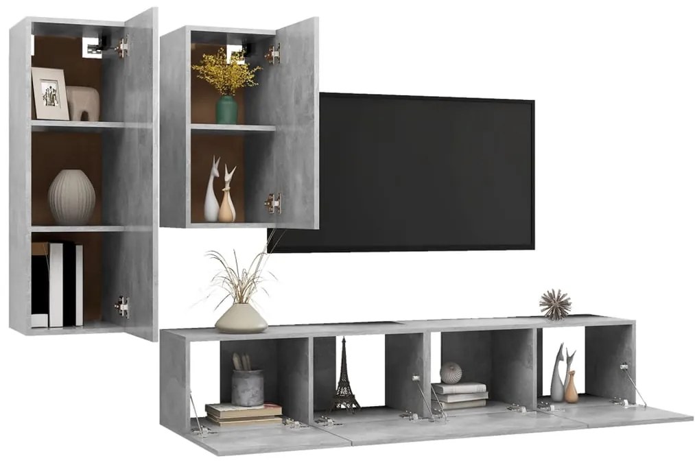 Set porta tv 4 pz grigio cemento in truciolato
