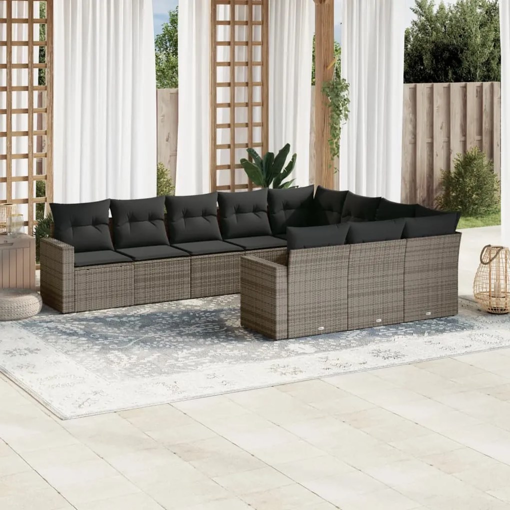 Set divano da giardino 10 pz con cuscini grigio in polyrattan