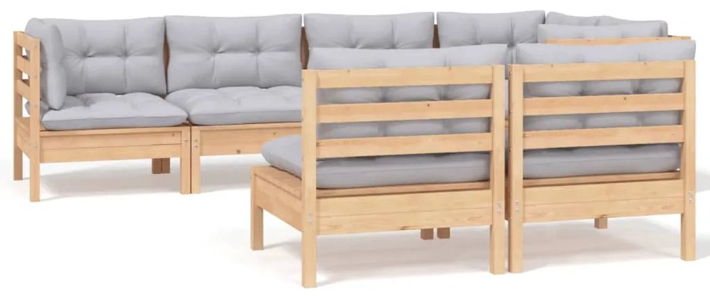 Set divani da giardino 7 pz con cuscini grigi massello di pino