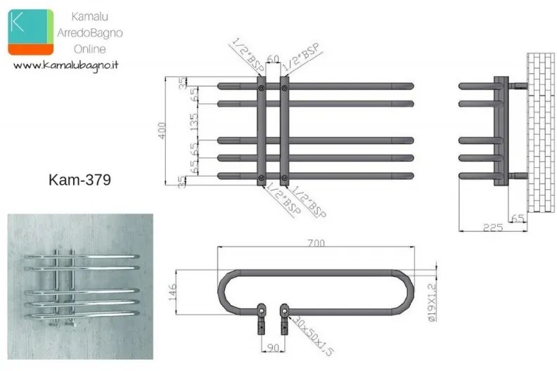 Kamalu - scalda salviette termoarredo 700x400mm modello kam-379