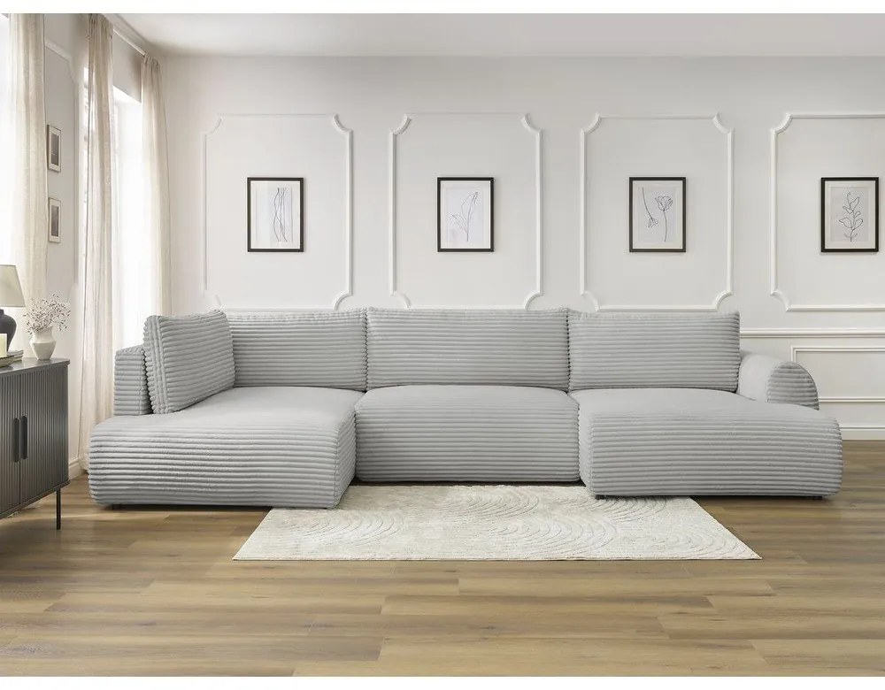 Divano angolare grigio chiaro allungabile/con contenitore (con penisola a sinistra/a U) con rivestimento in velluto a coste Lucien – Bobochic Paris