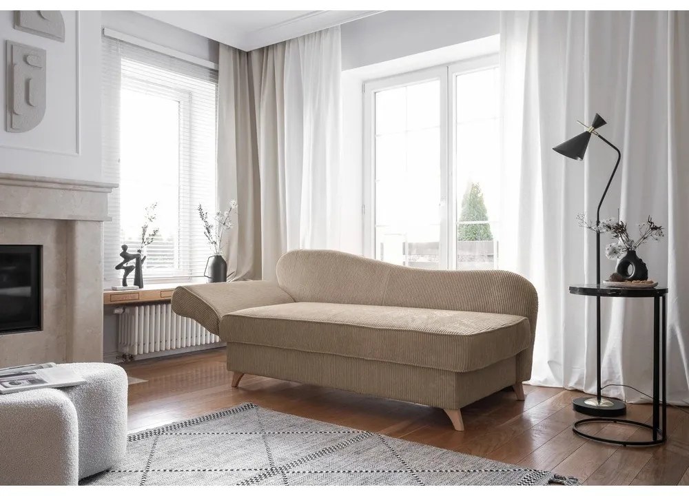 Chaise longue grigio tortora (con penisola a sinistra) con rivestimento in velluto a coste Chic Charlotte – Miuform