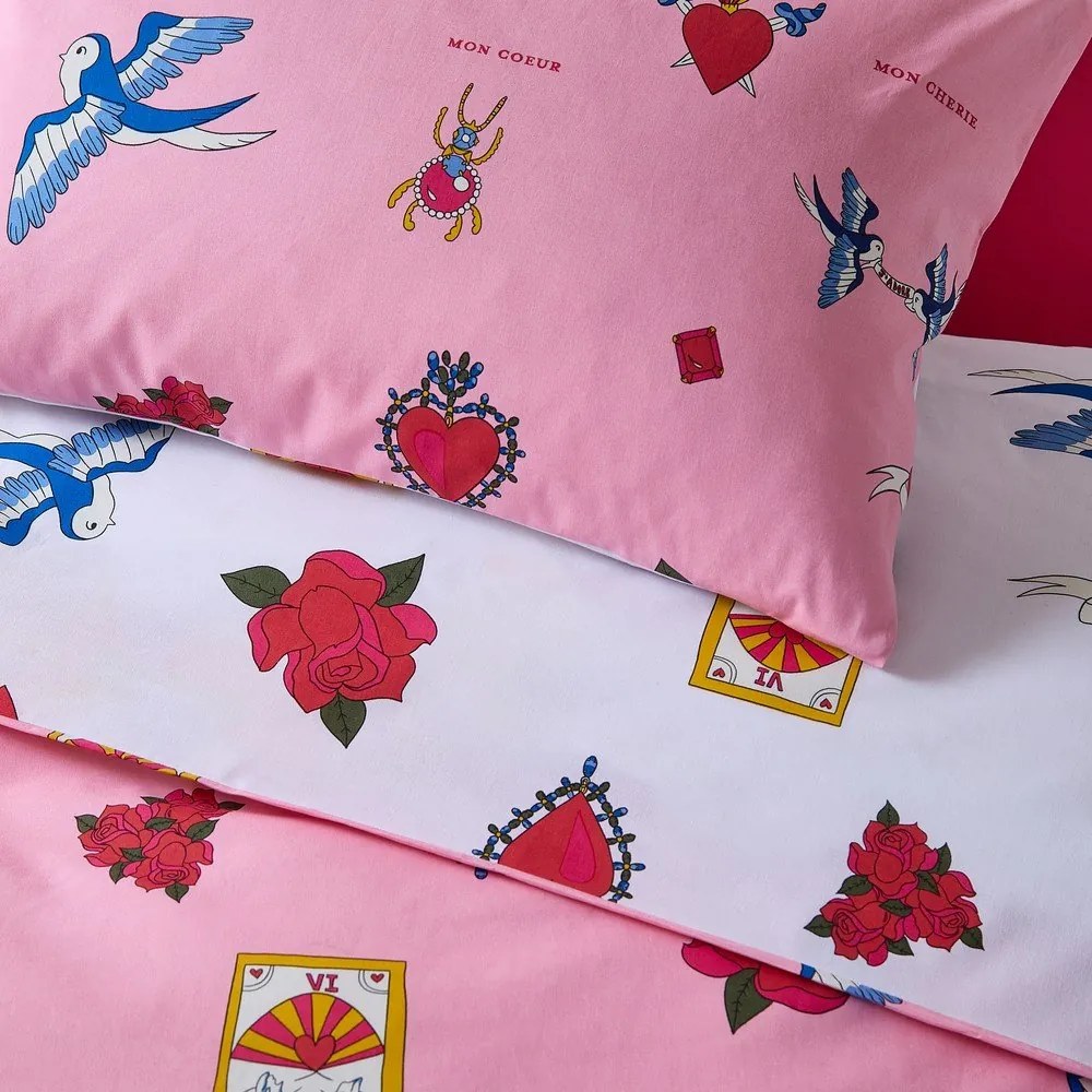 Set copripiumino e federa bianco e rosa in cotone per letto matrimoniale e per letto esteso 230x220 cm Mon Coeur – Their Nibs