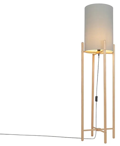 Lampada da terra rustica in legno con paralume grigio - Lengi