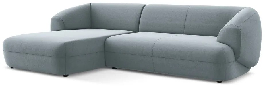 Divano angolare azzurro (con penisola a sinistra) con rivestimento in velluto Moana – Makamii