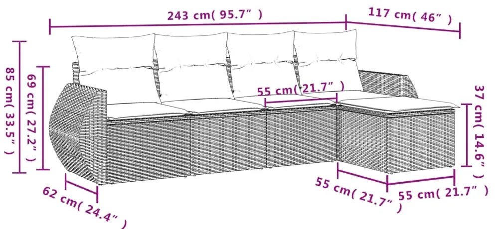 Set Divano da Giardino 5 pz con Cuscini Beige in Polyrattan