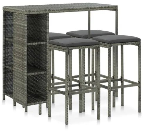 Set da Bar da Giardino 5 pz con Cuscini in Polyrattan Grigio