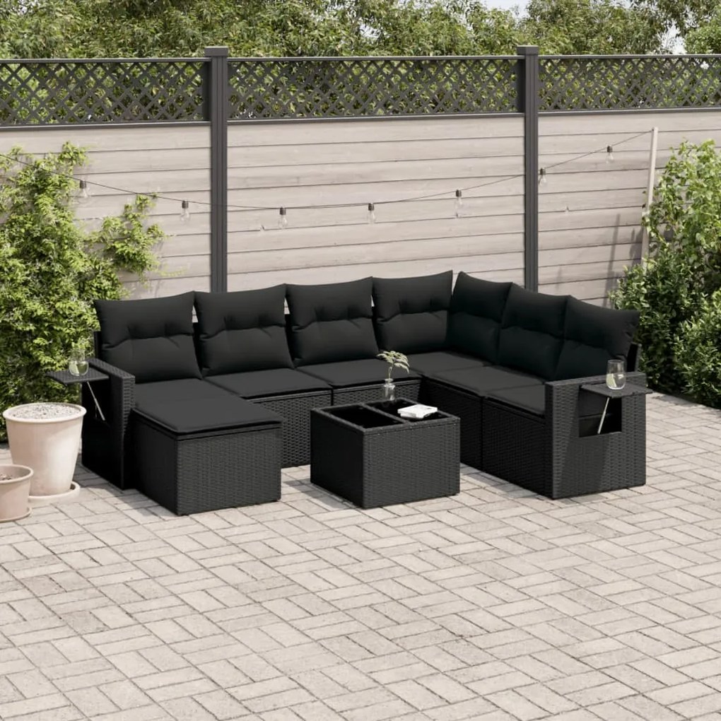 Set divani da giardino con cuscini 8 pz nero in polyrattan