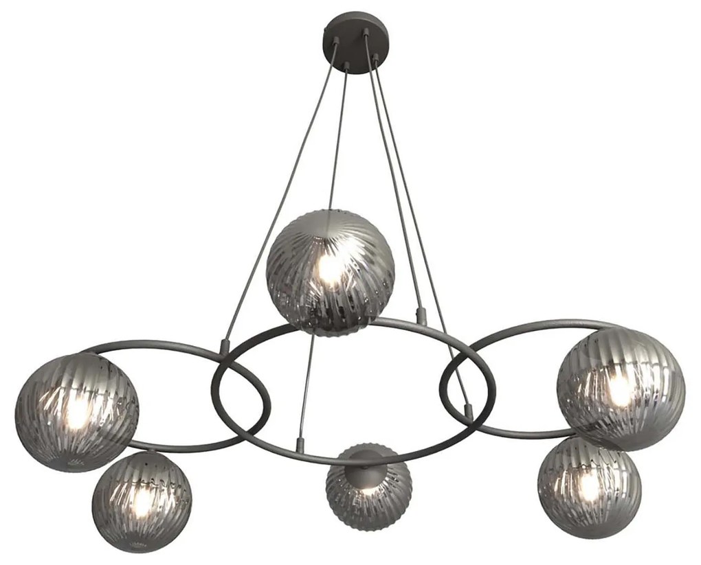 Lampadario 6 Luci Eolo A Cerchi E Diffusori In Vetro Rigato Fumè