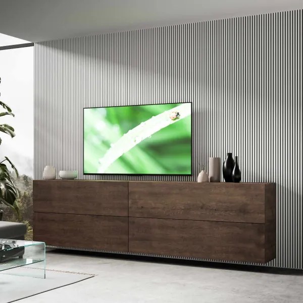 Parete attrezzata in legno sospesa moderna L.288xP.39,5xH.80 noce A102