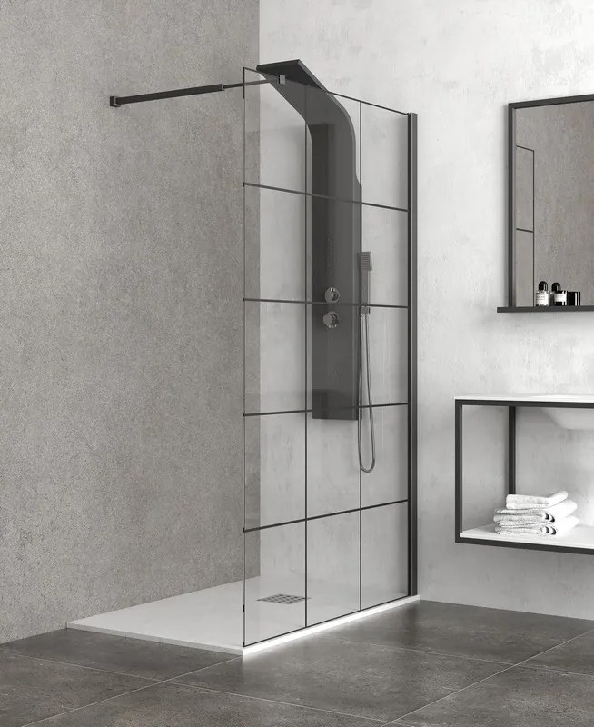 Vetro per doccia walk in 70cm con serigrafia nera e profili neri NICO-W1000 - KAMALU