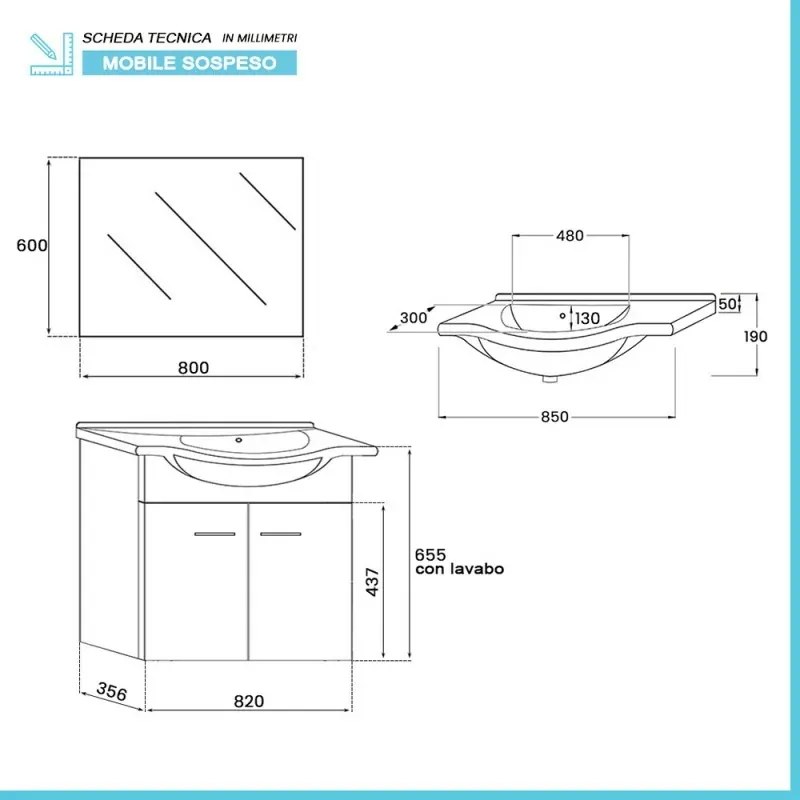 Mobile bagno sospeso 80 cm Rovere Dolomite completo di lavabo e specchio Desya
