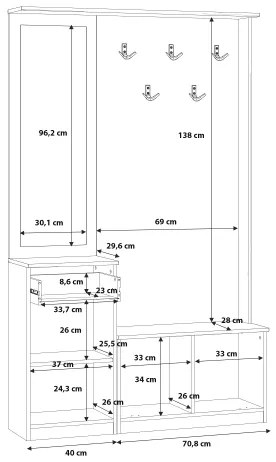 Parete attrezzata per ingresso con specchio KAVI, finitura rovere artisan