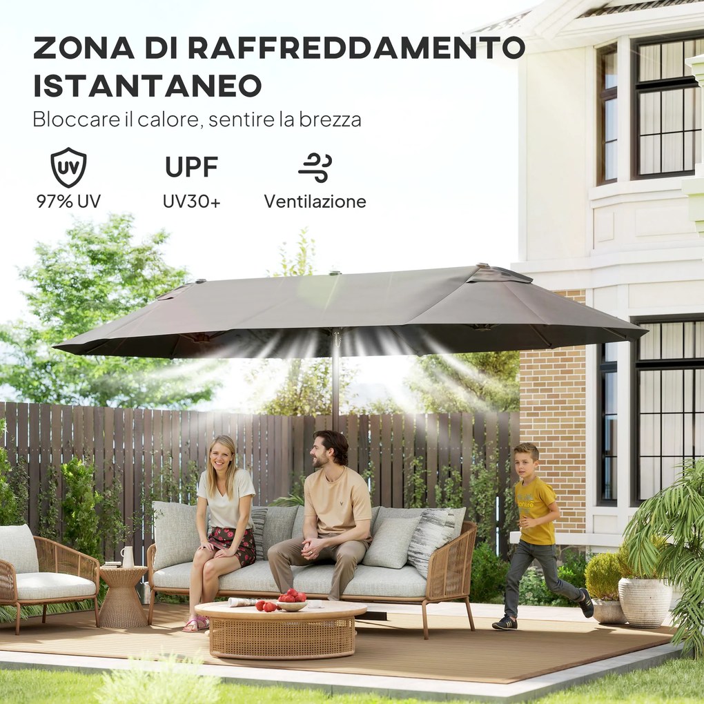 Ombrellone Doppio a 12 Stecche 455x265x238 cm con Base a Croce e Manovella in Acciaio e Poliestere Grigio...