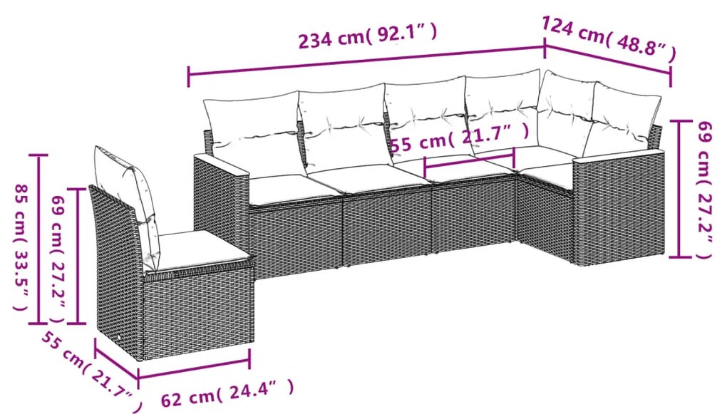 Set Divano da Giardino 6 pz con Cuscini Grigio in Polyrattan