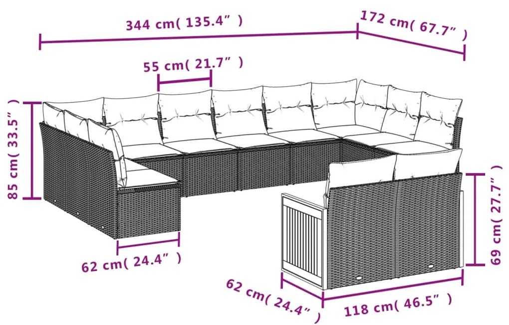 Set divani da giardino 12 pz con cuscini beige in polyrattan