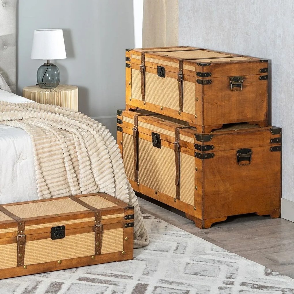 Set di Bauli 90 x 47 x 45 cm Tessuto Sintetico Legno (3 Pezzi)