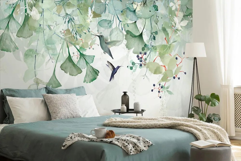 Carta da parati – Foglie Verdi con Colibrì