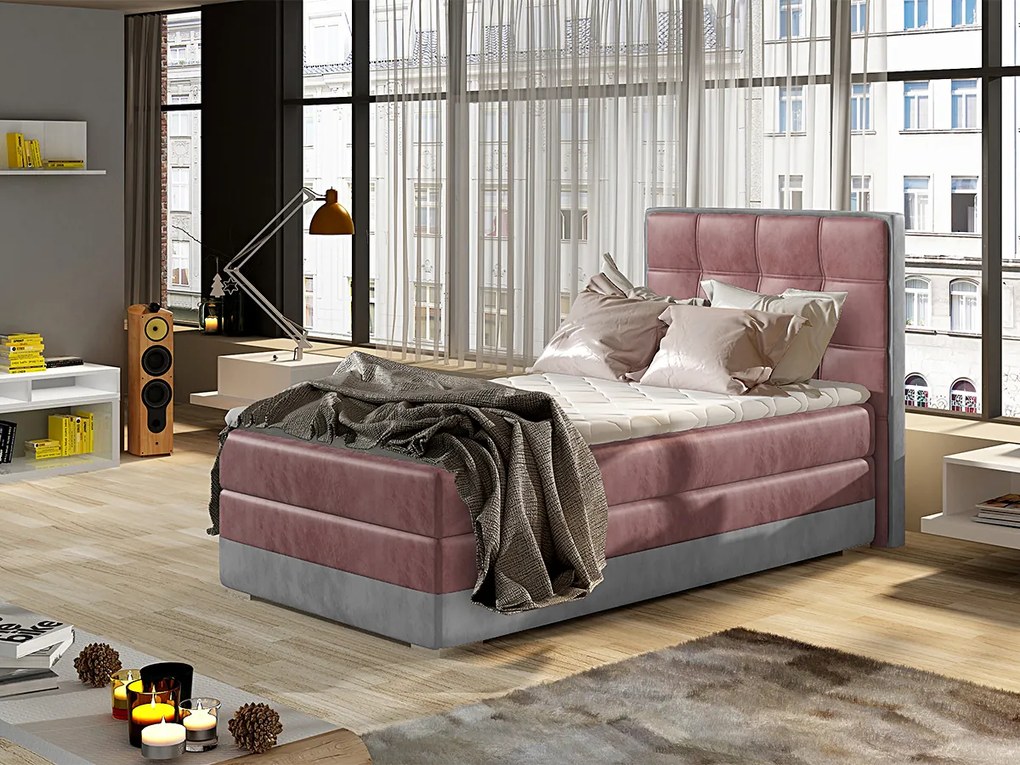 Letto singolo boxspring Lima - Tessuto rosa + tessuto grigio