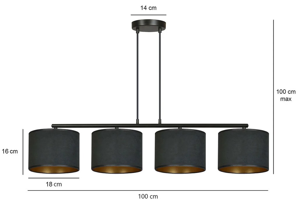 Lampadario 4 Luci Ganesha In Acciaio Nero E Paralumi In Tessuto Nero