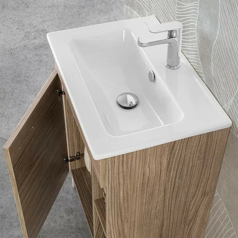 Mobile bagno a terra 60 cm rovere tropea con 1 anta lavabo e specchio Martha
